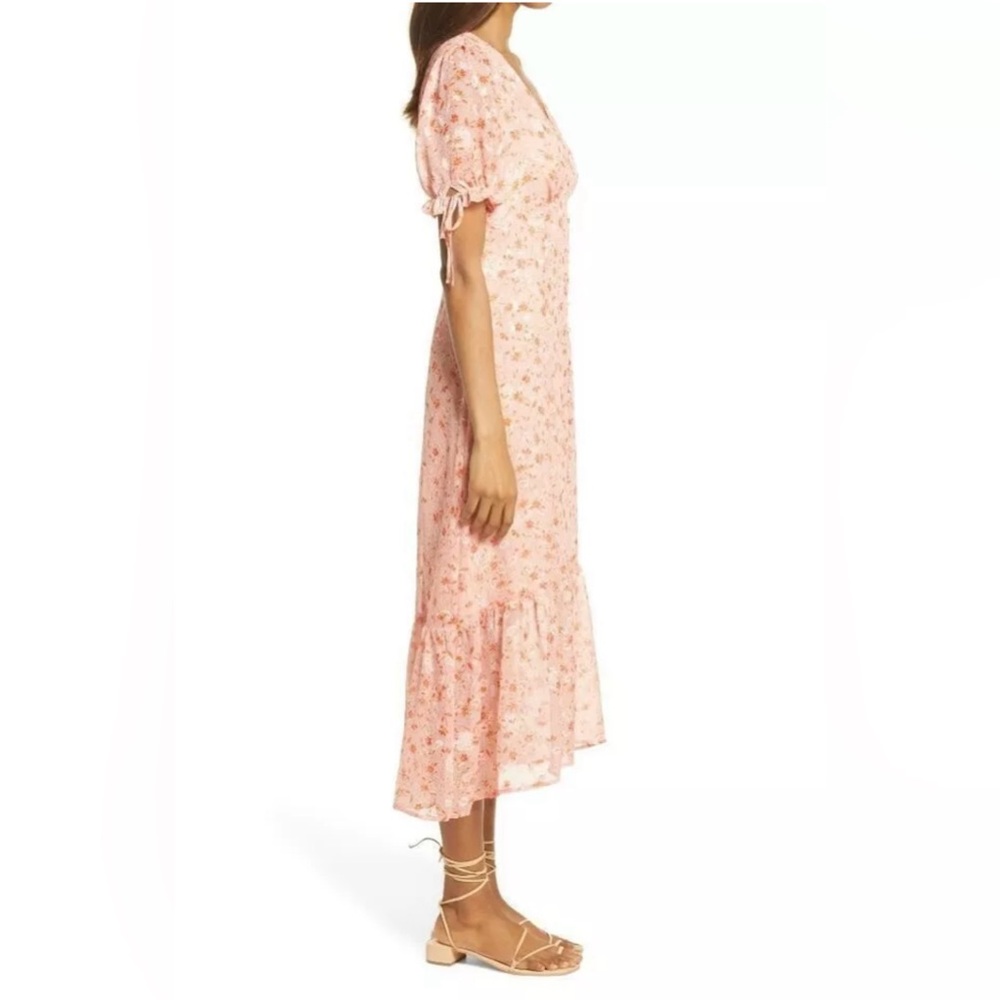 Chelsea 28 Prairie Coral Floral Tie Sleeve Ruffle Hem Midi Dress Size L(12/14)⭐️ - Picture 5 of 15